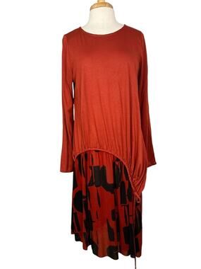 Chalet et Ceci Asymmetrical Midi Dress Size Medium Lagenlook Black Red Bamboo